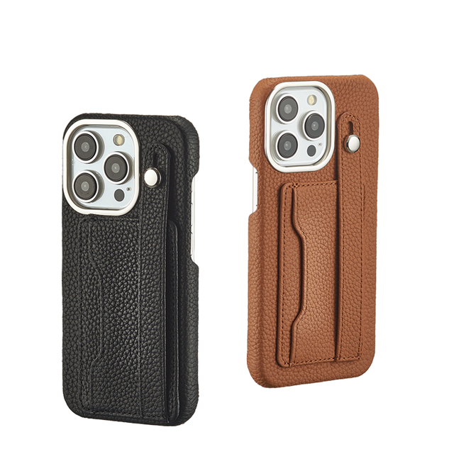 Customize Luxury Embossed Logo Genuine Leather Shockproof Waterproof Mobile Phone Case for 15 Pro Max with Card Holder