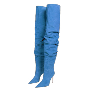 Wide Fit Thigh High Booties Women Pleated Stiletto High Thin Heels Shoes Suede PU Over the Knee Sexy Pointy Toe Pumps - Product Image 6