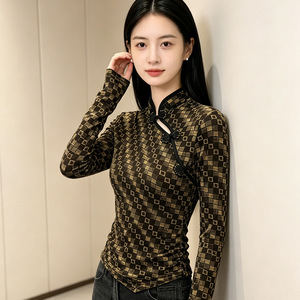 Chemisier <span class=keywords><strong>à</strong></span> <span class=keywords><strong>carreaux</strong></span> rétro pour femme, col montant, patte de boutonnage oblique, avec boucle, coupe ajustée, taille cintrée, polyvalent, pour l'automne - Product Image 3
