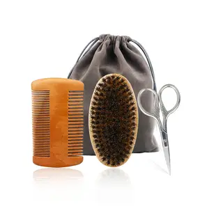 Peigne à cheveux double face, personnalisé, pour salon de coiffure, brosse à poils de sanglier avec ciseaux, kit portable pour nettoyage de barbe, 3 pièces