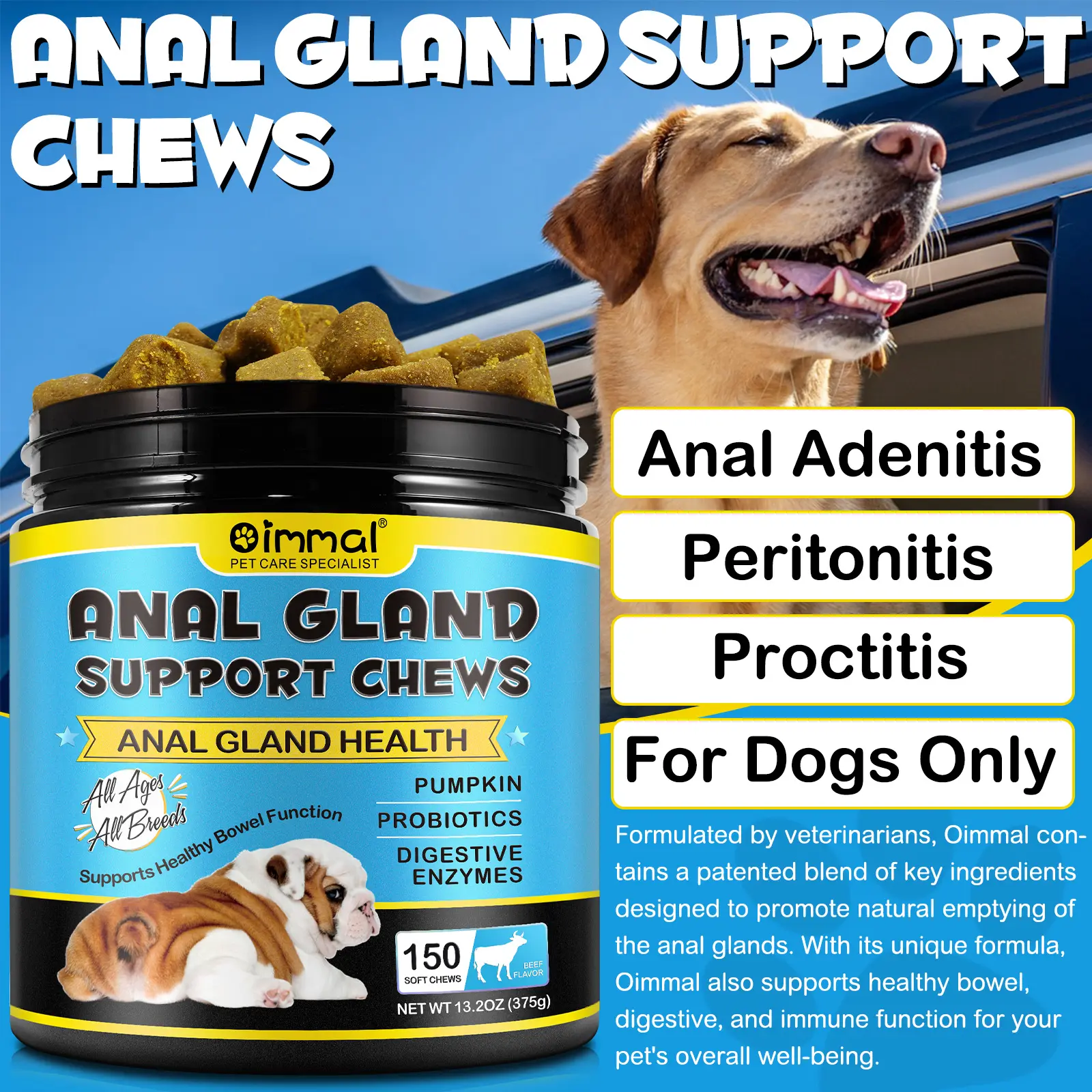 Oimmal Pet Health Anal Gland Soft Chews Treats Suplementos con calabaza para perros Enzimas digestivas Probióticos Suplemento de fibra