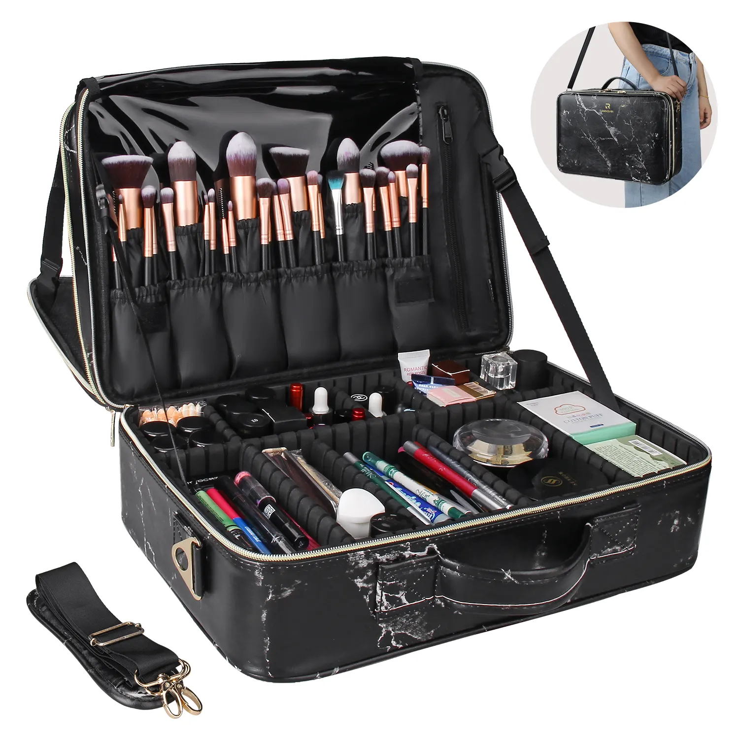 Relavel Portable Makeup Case Professional Large Train Case Travel Cosmetic Organizer Brush Holder Cosmetic Display Case