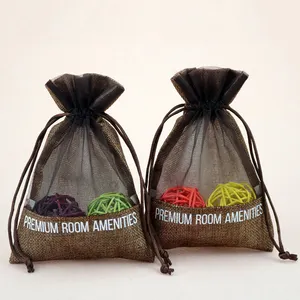 Bolsa de regalo con cordón de arpillera marrón, bolsa de jabón de cáñamo con ventana de organza