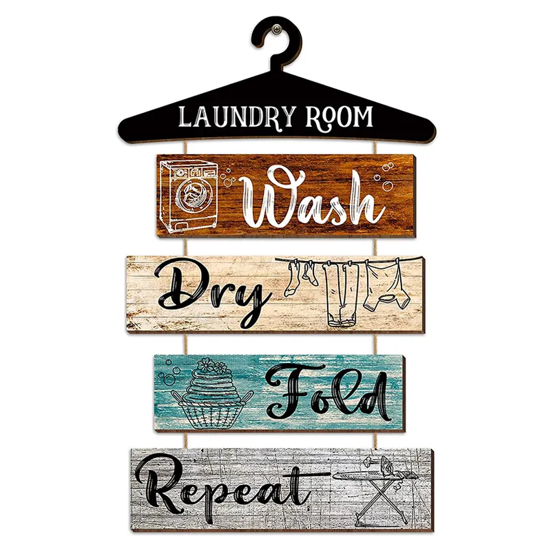 5 Pieces Laundry Room Rules Plaque Wash Dry Fold Repeat Wooden Sign Vintage Rustic Farmhouse Hanging Wall Decor