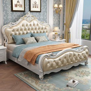 Letto matrimoniale <span class=keywords><strong>king</strong></span>-<span class=keywords><strong>size</strong></span> in legno massello di gomma europeo, lussuoso letto nuziale in pelle oliata e cerata con design da principessa - Product Image 1