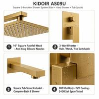Système de douche carré KIDOIR cUPC avec pommeau de douche pluie, douchette à main et bec de baignoire 3 voies, sans plomb, en SUS304, nickel, noir, or, chrome