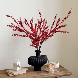 Branches artificielles de baies rouges en soie, faites à la main, pour décorations du Nouvel An chinois, 9 fourches, houx réaliste d'origine nord-américaine - Product Image 2