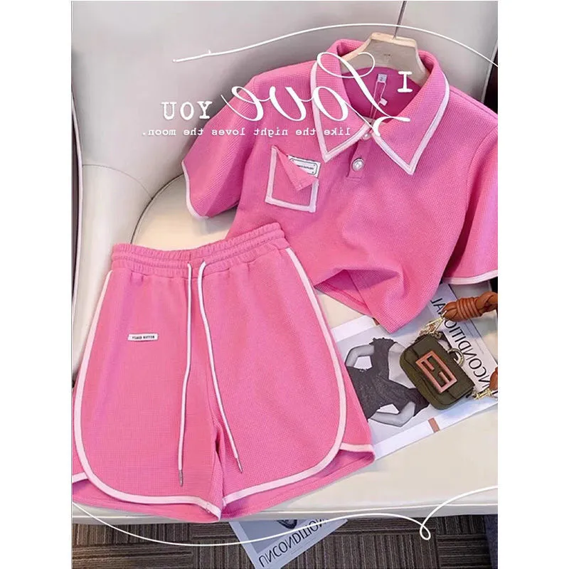 2023 new fashion suit women's summer light luxury style sweet aging pink shorts sports two-piece set