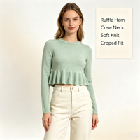 Pull-over décontracté à manches longues en maille fine de couleur menthe, personnalisé et de haute qualité, avec volants, pour l'automne – OEM & ODM