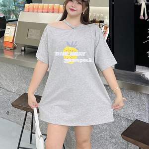 เดรสเสื้อยืดทรงหลวมแบบเปิดไหล่ รุ่น Runqi N8640 สีเทา ผ้าฝ้าย ไซส์พลัส สำหรับผู้หญิง สวมใส่สบายๆ ในชีวิตประจำวัน - Product Image 1