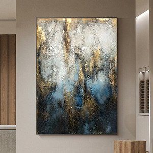 Quadro Moderno per Arredamento Casa, <span class=keywords><strong>Dipinto</strong></span> a Mano 100% su Tela, Astratto <span class=keywords><strong>Blu</strong></span> e Oro con Texture, Pittura a Olio <span class=keywords><strong>di</strong></span> Alta Qualità per Soggiorno - Product Image 1