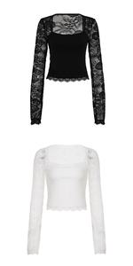 Blusa de Mujer de Manga Larga con Encaje Tejido, Panel de Malla Transparente, Color Sólido, Ajustada, Elegante y Sexy con Inserciones de Encaje - Product Image 6