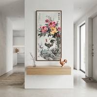 Peinture chinoise Lingfeng, pivoine et coq peints à la main, sur papier Xuan écologique, disponible sans cadre/en rouleau, motif oriental porte-bonheur pour mur