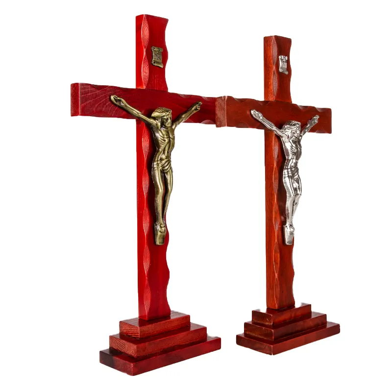 2020 Nieuwe Topkwaliteit Amazon Hot Selling Massief Hout Rood Schilderij Met Goud & Verzilverd Legering Crucifix Groot Houten Kruis