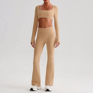 Femmes taille haute réversible respirant Yoga Fitness porter 2 pièces ensemble couleur unie mode vêtements de sport - Product Image 4