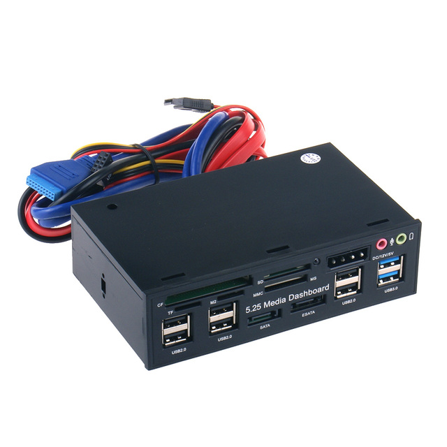 5.25 Inch PC Media Dashboard Multifunctional Front Panel SATA ESATA Audio USB HUB All Card Reader SD TF MMC M2 CF HDD Enclosure