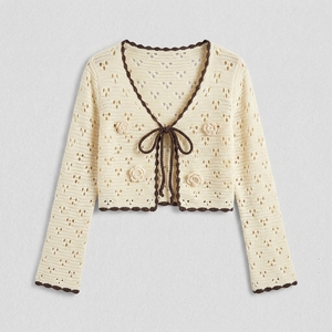 Elegante Cárdigan de Punto Crema con Detalles Calados para <span class=keywords><strong>Mujer</strong></span>, Cuello Redondo, Abotonado, Ligero, Transpirable, para Primavera/Verano - Product Image 4
