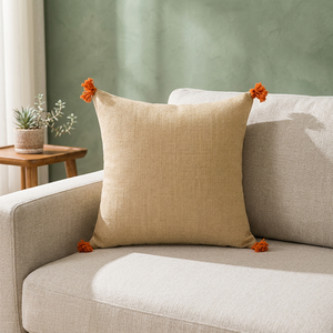 Housse de coussin décorative en lin de qualité supérieure avec détail de pompon aux coins |   Coussin décoratif texturé naturel pour canapé, chambre à coucher - Product Image 3