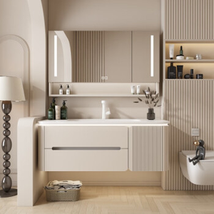 Meuble-lavabo de salle de bain simple en bois de noyer de style rétro Melad Color avec miroir intelligent - Product Image 1
