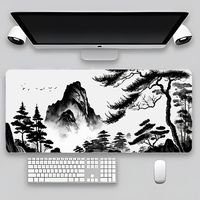 Alas Meja Gaming/Mouse Pad Kain Mikrofiber Karet Alam Ukuran Besar XXL dengan Lukisan Tinta Kustom Gunung dan Kuil Jepang