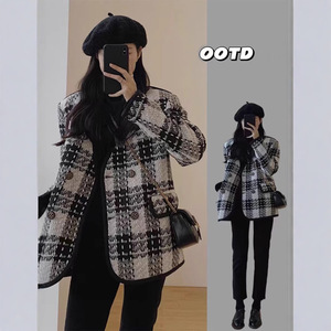Women's Tweed Coat Black And White Checkered Medium Thickness Woven Fabric Autumn Winter Casual Loose Fit - Product Image 1