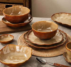 Juego de Vajilla de Cerámica Irregular con Esmalte Cambiante al Horno, Estilo Retro Japonés, Platos y Tazones de Gres Rústico, Apto para Microondas - Product Image 6