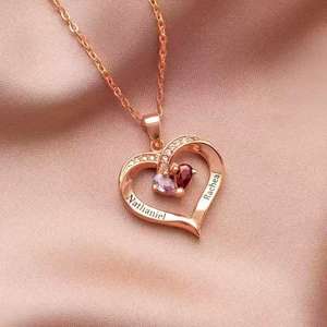 时尚优雅 18k 金个性化心形定制 2 件套情侣名字首字母心形吊坠项链带生日石 - Product Image 5