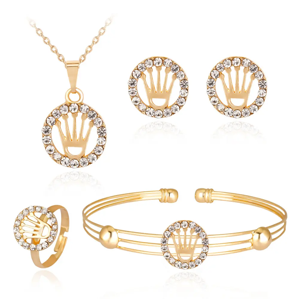 ROMANTIC New Popular Gold Plated Crown Pendant Necklace Earring Paved Rhinestone Hollow Jewelry Set