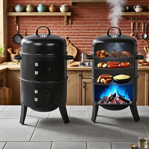 Barbecue moderne au charbon <span class=keywords><strong>de</strong></span> bois - Fumoir rond <span class=keywords><strong>de</strong></span> style baril - Four à fumage lent pour viandes fumées à la américaine - Utilisation en plein air et en camping - Product Image 1