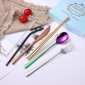Light Luxury Stainless Steel Silverware Flatware 5pcs Portable Spoon Forktravel Gold Cutlery Dinnerware Set With Storage Bag - Product Image 5