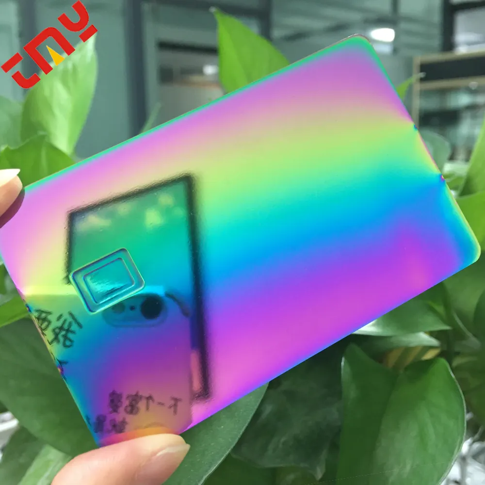 TMY New Großhandel Chamäleon Chrom Laser gravur Edelstahl Blank Metall Kreditkarte Regenbogen mit EMV Chip Slot