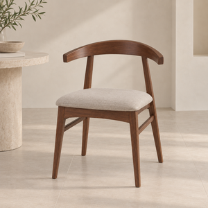 Silla de Comedor Moderna de Madera con Respaldo Curvo, Asiento Tapizado en Lino, Diseño de Mediados de Siglo, Muebles para el Hogar de Indonesia - Product Image 1