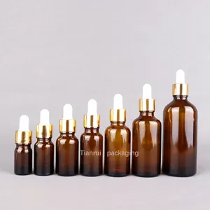 Benutzer definierte 5 10ml 15 20 30ml 50 100 ml 200ml 1 Unze Brown Seurm Flaschen mit Gold Dropper Haar ätherisches Öl Glas Amber Dropper Flasche