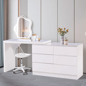 Coiffeuse moderne en bois massif avec miroir LED et tabouret pour chambre de fille, dortoir, maquillage et manucure - Product Image 1