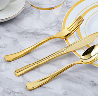Service de vaisselle jetable en plastique noir et or à bord creux, assiettes rigides en PS, tasses et couverts pour mariage, fête, banquet