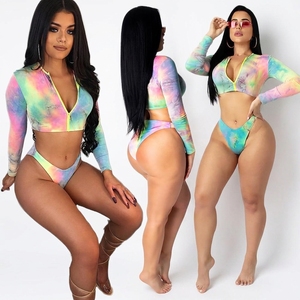 Ensemble de maillot de bain anti-UV à manches longues tie-dye pour <span class=keywords><strong>femme</strong></span> avec haut court zippé, protection UV, pour le <span class=keywords><strong>surf</strong></span>, personnalisable OEM, vente en gros, pour la plage - Product Image 1
