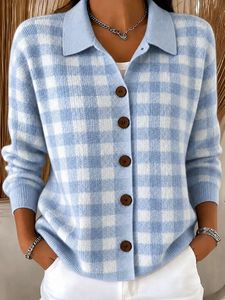 Cardigan en tricot à carreaux bleu clair pour femme, pull boutonné à col et manches longues, haut d'automne et d'hiver - Product Image 1