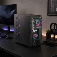Boîtier d'ordinateur de jeu noir de taille moyenne avec panneau latéral en maille, ports USB et audio sur le devant, compatible ATX, Micro ATX, ITX, châssis de bureau