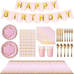 Disposable Party Supplies Kit Pink Gold Dots Plates Cups Napkins Cutlery Set For Birthday Parties Picnics Outdoors - Product Image 2