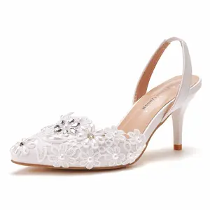 Femmes 7.5cm talon haut blanc perle dentelle fête sandales de mariée femme blanc fête princesse chaussures de mariage