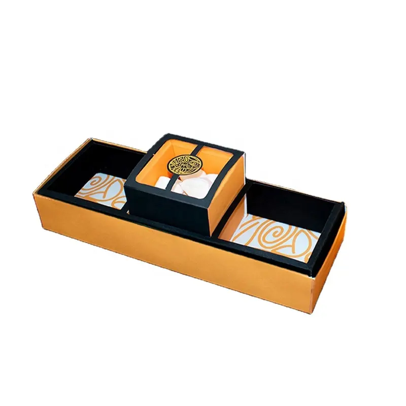 Оптовая продажа, длинная квадратная желтая Матовая коробка с крышкой и шеей, три отделения, упаковка для конфет, сладкого шоколада, пекарни