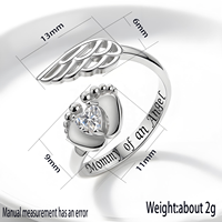Bague commémorative « Maman d'un ange » avec empreinte de bébé et cœur en zircon, bague ouverte ajustable avec aile d'ange, cadeau de condoléances