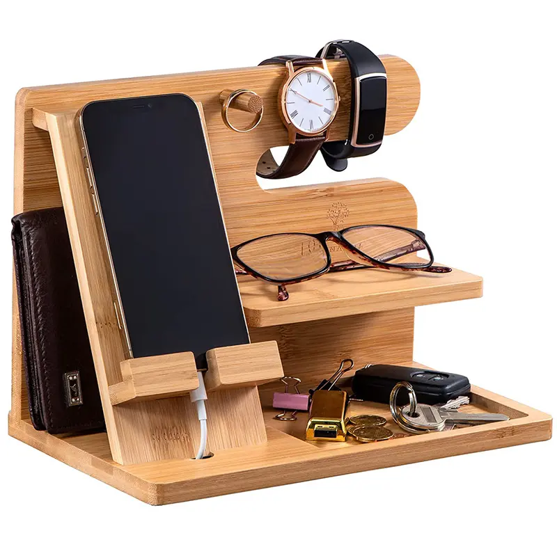 Bamboo Phone Docking Station  Nightstand Organizer Key Holder Gifts for Men Wooden Organizer