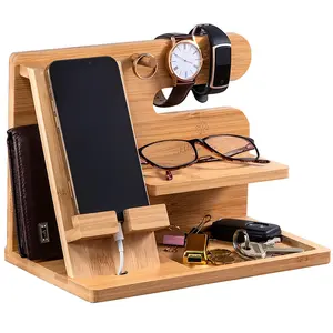 Bamboo Phone Docking Station, Nightstand Organizer Key Holder Gifts for Men Wooden Organizer