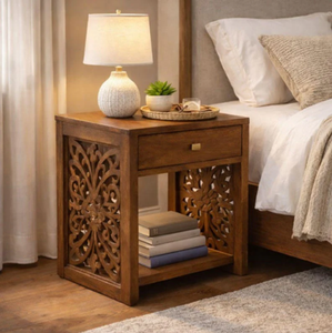 Mesita de Noche Moderna de Madera con Diseño Tallado a Mano, un Cajón de Almacenamiento, Mesa Auxiliar de Madera Maciza, Muebles Rústicos para Dormitorio, Decoración del Hogar - Product Image 4