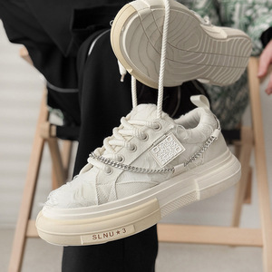 Chunky <b>Canvas</b> Sneakers White <b>Round</b> Toe Lace Up Chunky Sole With Chain Detail All Seasons Walking Style Shoes - Product Image 1