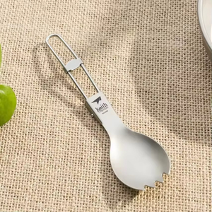 Fourchette-cuillère pliable ultralégère en titane, couverts de camping, manche pliable, design minimaliste sablé, gris argenté - Product Image 6