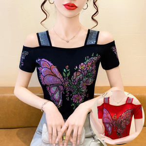 Yuhong Nuevo Diseño Blusa de Mujer con Pedrería de Pájaro, Sexy, con Hombros Descubiertos, Brillante, con Lentejuelas, <span class=keywords><strong>Camiseta</strong></span> de Manga Corta para Discoteca, Fiesta - Product Image 2