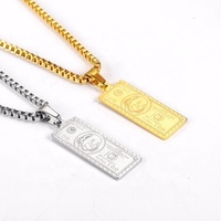 Collier chaîne maille gourmette classique avec pendentif motif dollar gravé en argent/or plaqué or 18 carats, modèle délicat « 100 dollars »