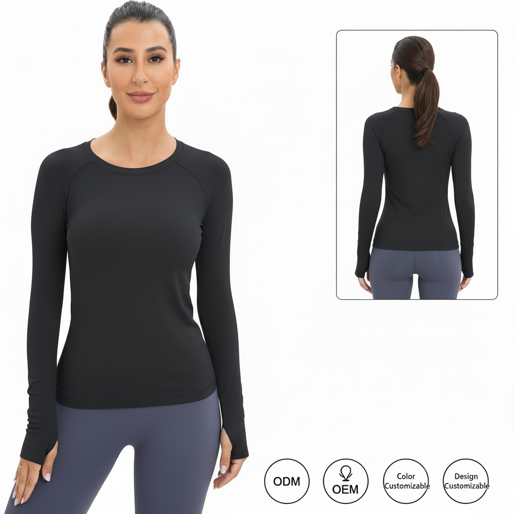 Direct Sale Workout Seamless for Shirts for Women Solid Long-Sleeved Yoga Running Breathable Thumb Holes Tops